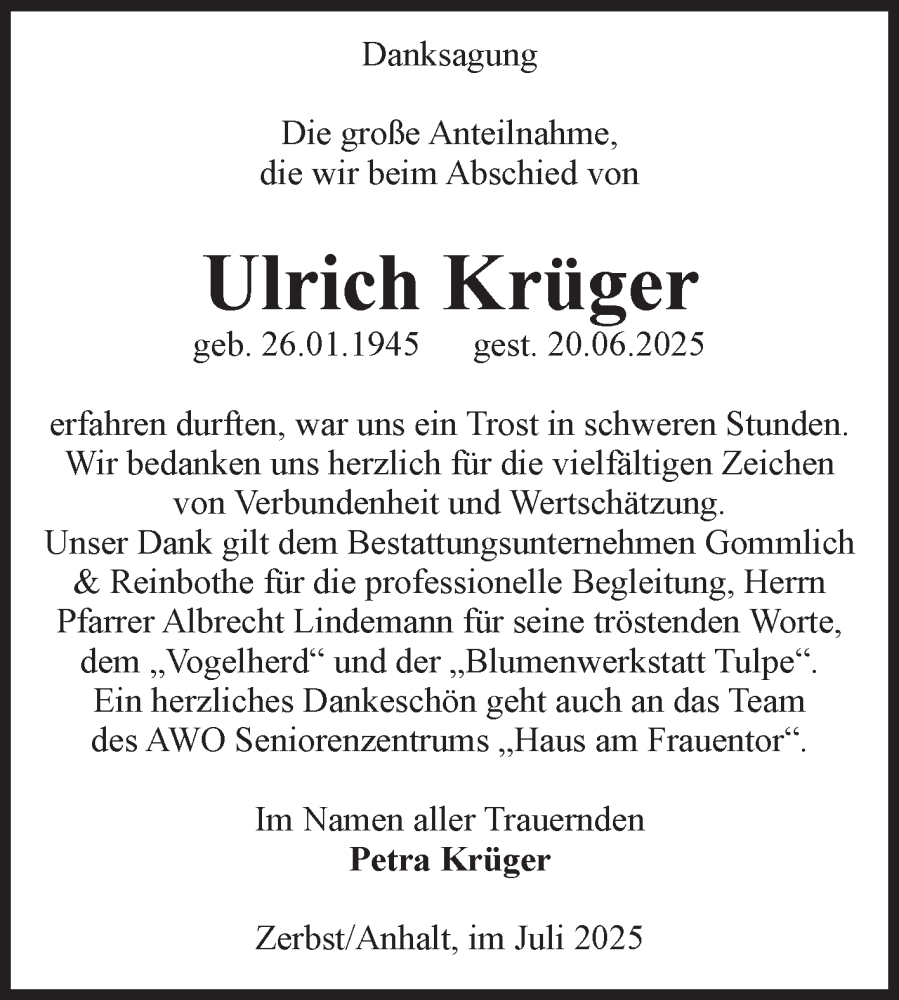  Traueranzeige für Ulrich Krüger vom 02.08.2025 aus Volksstimme Zerbst