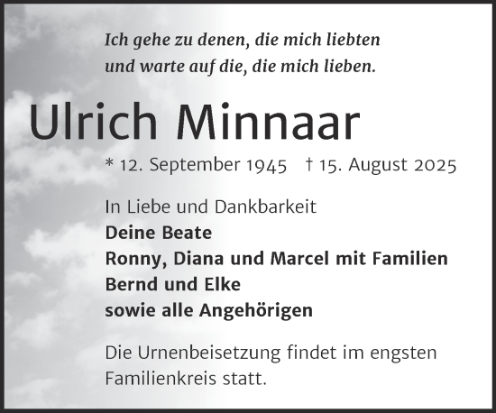Traueranzeige von Ulrich Minnaar von Trauerkombi Zeitz
