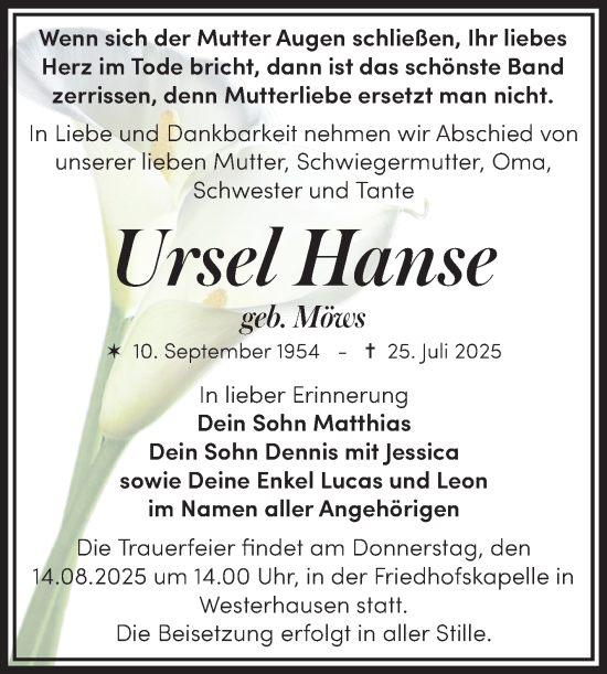 Traueranzeige von Ursel Hanse von Trauerkombi Quedlinburg