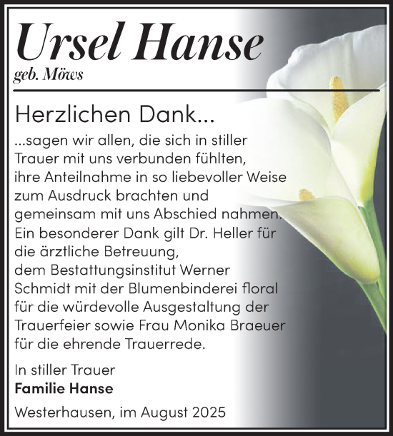 Traueranzeige von Ursel Hanse von Trauerkombi Quedlinburg