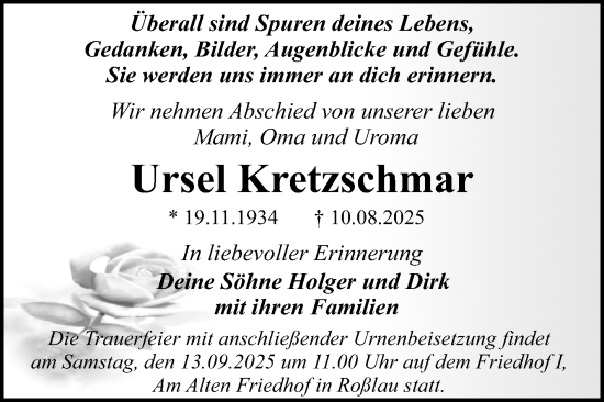 Traueranzeige von Ursel Kretzschmar von Trauerkombi Dessau