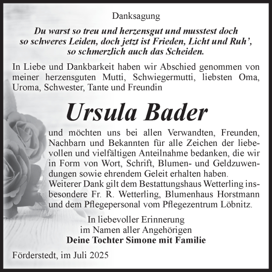 Traueranzeige von Ursula Bader von Volksstimme Staßfurt