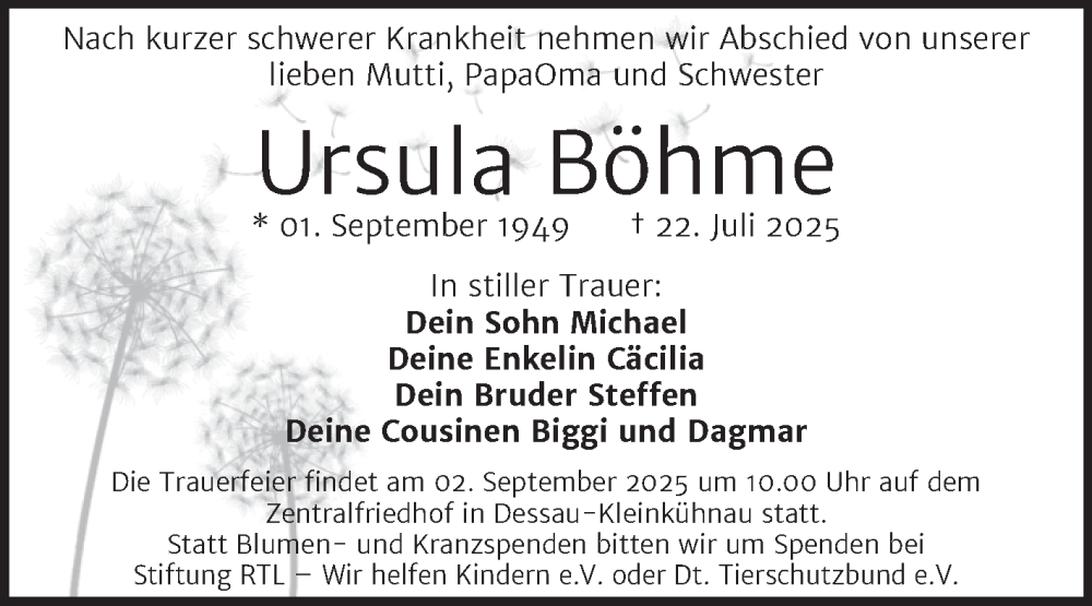  Traueranzeige für Ursula Böhme vom 23.08.2025 aus Trauerkombi Dessau