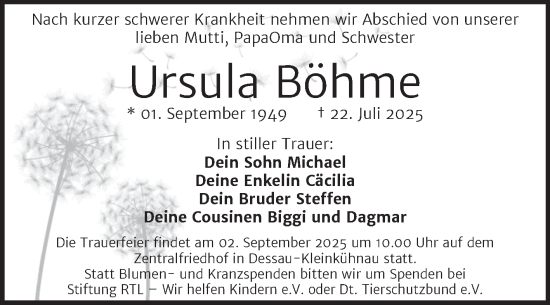 Traueranzeige von Ursula Böhme von Trauerkombi Dessau