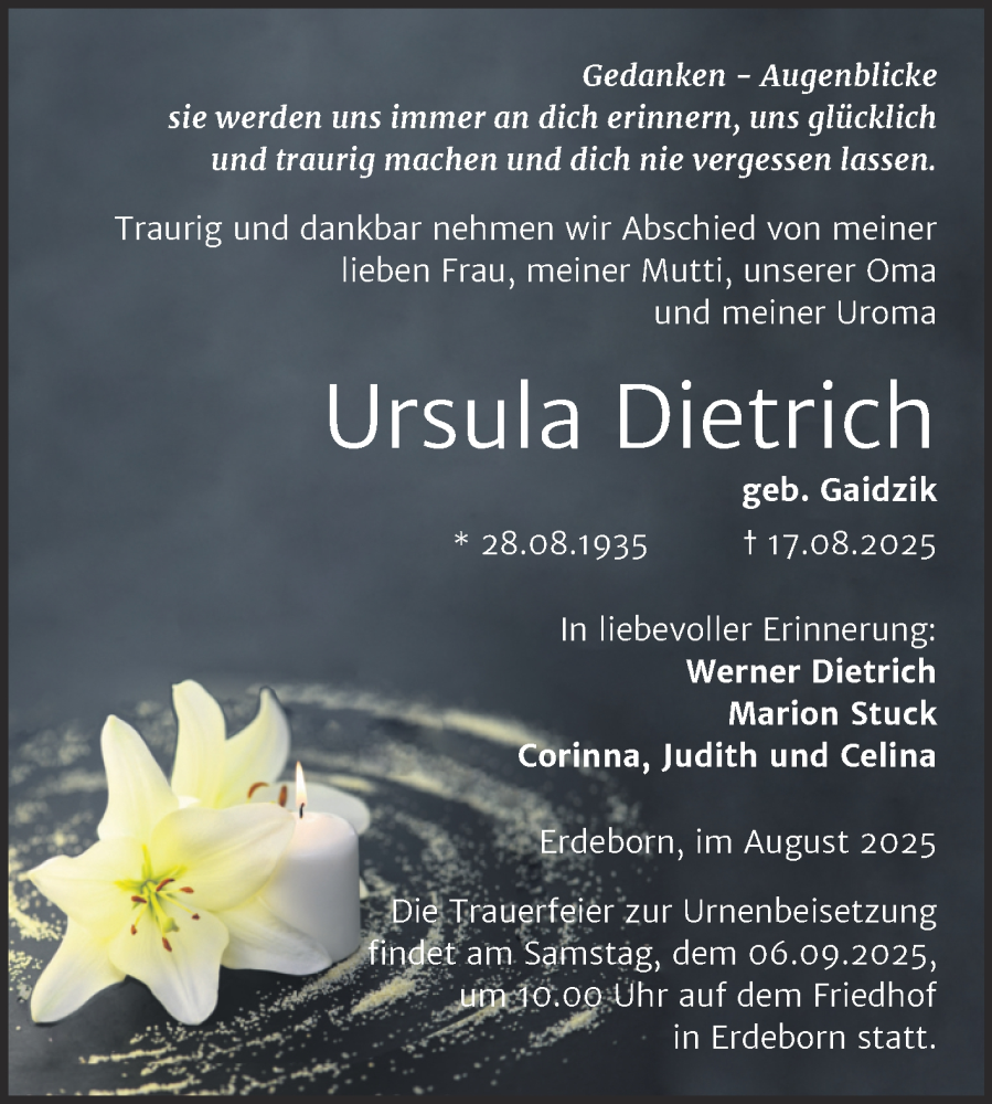  Traueranzeige für Ursula Dietrich vom 20.08.2025 aus Trauerkombi Mansfelder Land