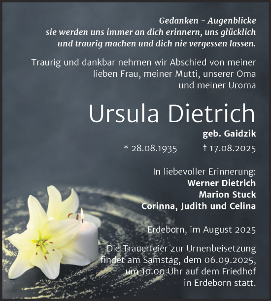 Traueranzeige von Ursula Dietrich von Trauerkombi Mansfelder Land