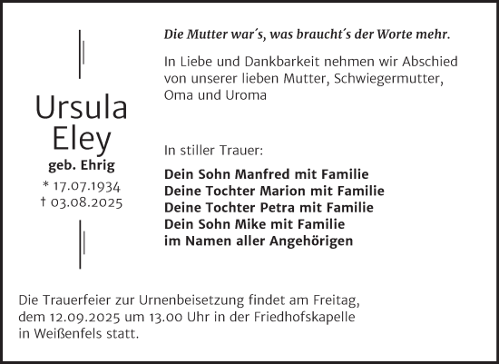 Traueranzeige von Ursula Eley von Trauerkombi Weißenfels