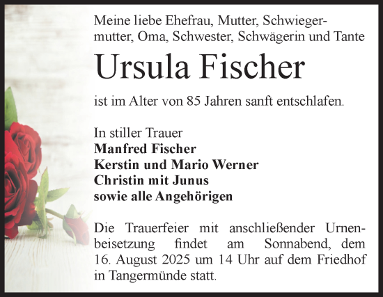 Traueranzeige von Ursula Fischer von Volksstimme Altmark Ost