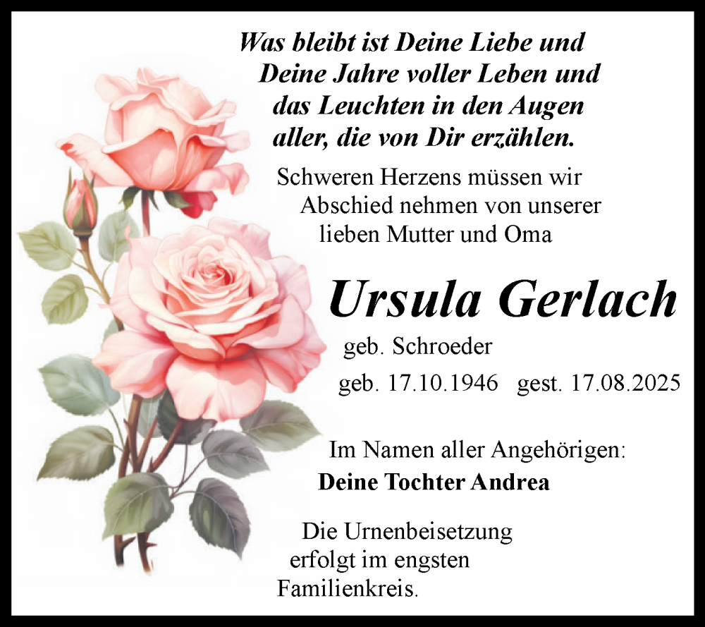 Traueranzeige für Ursula Gerlach vom 23.08.2025 aus Trauerkombi Quedlinburg