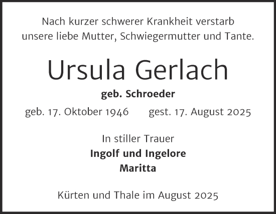 Traueranzeige von Ursula Gerlach von Super Sonntag Quedlingburg