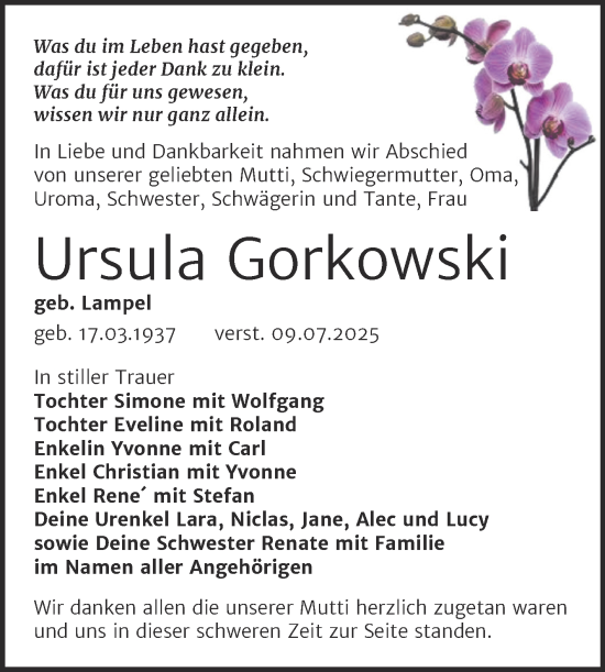 Traueranzeige von Ursula Gorkowski von Trauerkombi Weißenfels
