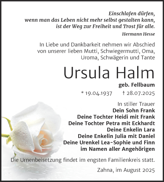 Traueranzeige von Ursula Halm von Trauerkombi Wittenberg