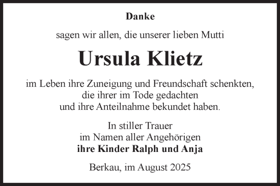 Traueranzeige von Ursula Klietz von Volksstimme Altmark Ost