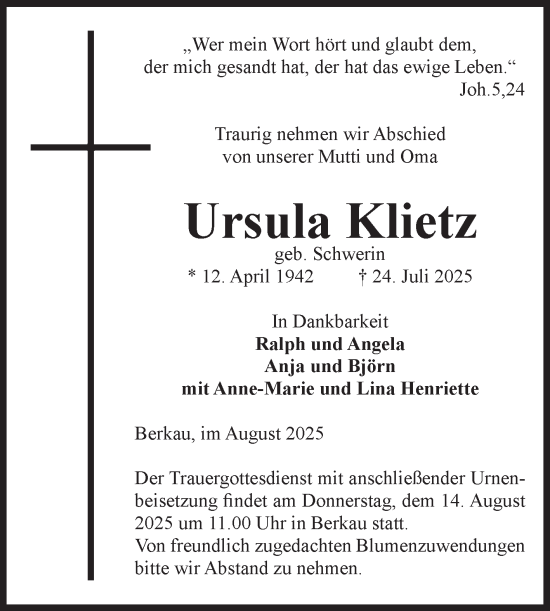 Traueranzeige von Ursula Klietz von Volksstimme Altmark Ost
