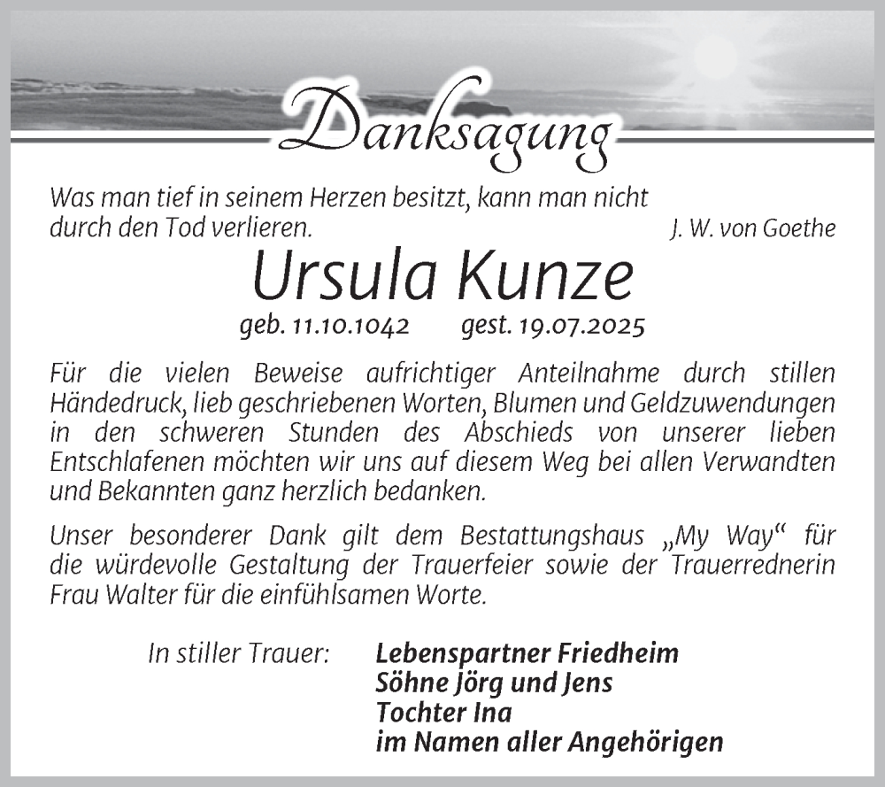  Traueranzeige für Ursula Kunze vom 23.08.2025 aus Trauerkombi Merseburg