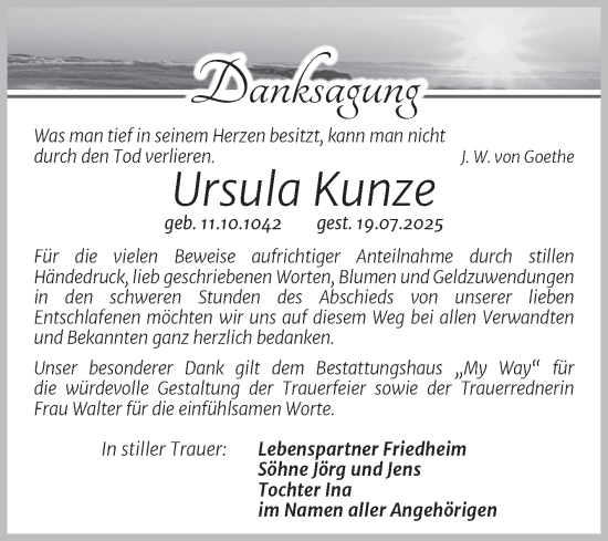 Traueranzeige von Ursula Kunze von Trauerkombi Merseburg