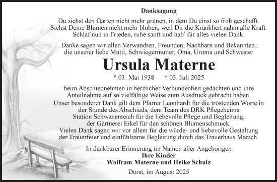 Traueranzeige von Ursula Materne von Volksstimme Haldensleben/Wolmirstedt