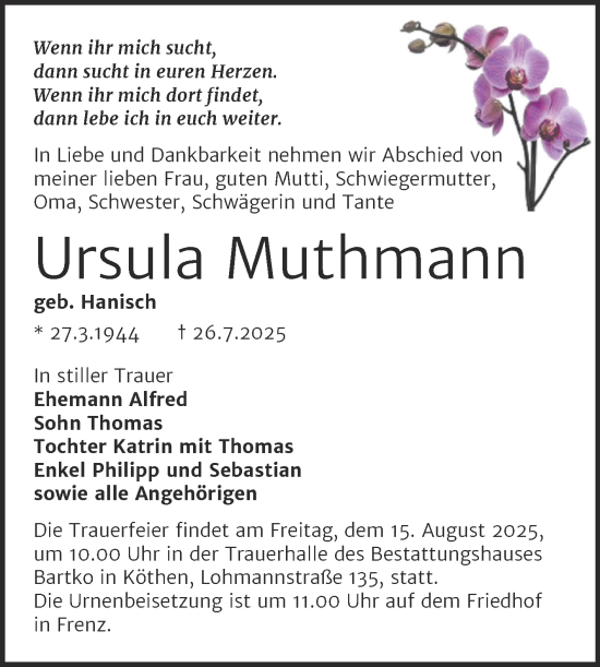 Traueranzeige von Ursula Muthmann von Trauerkombi Köthen