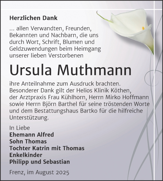 Traueranzeige von Ursula Muthmann von Trauerkombi Köthen