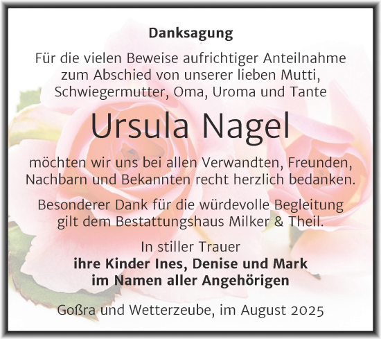Traueranzeige von Ursula Nagel von Trauerkombi Zeitz