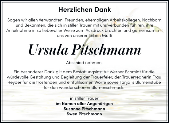 Traueranzeige von Ursula Pitschmann von Trauerkombi Quedlinburg