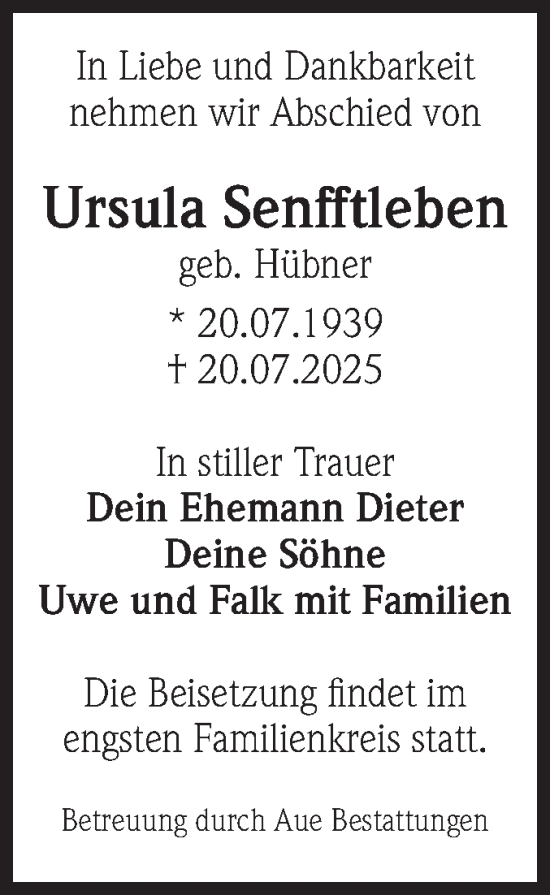 Traueranzeige von Ursula Senfftleben von Volksstimme Magdeburg