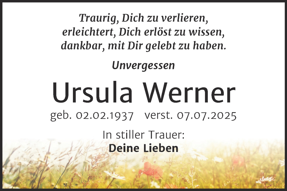  Traueranzeige für Ursula Werner vom 23.08.2025 aus Trauerkombi Weißenfels
