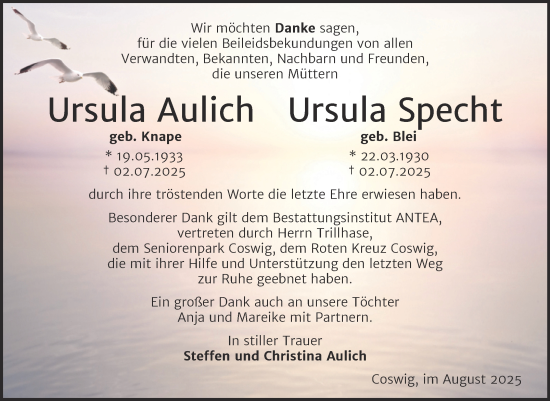 Traueranzeige von Ursula und Ursula  von Trauerkombi Wittenberg