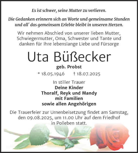 Traueranzeige von Uta Büßecker von Trauerkombi Mansfelder Land