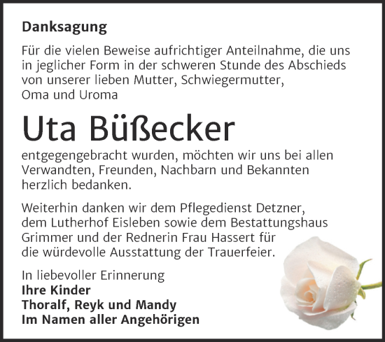 Traueranzeige von Uta Büßecker von Trauerkombi Mansfelder Land