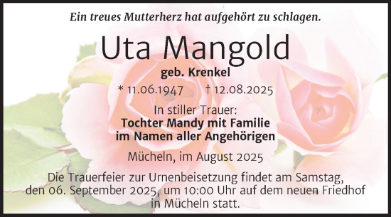 Traueranzeige von Uta Mangold von Trauerkombi Merseburg