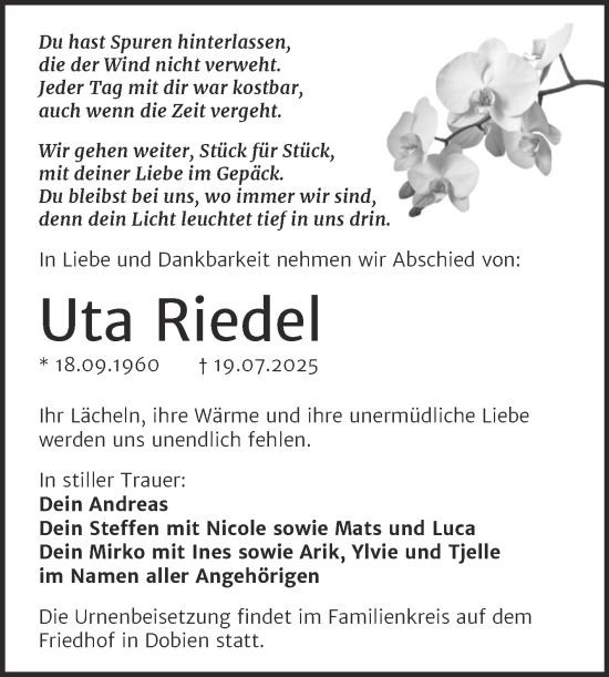 Traueranzeige von Uta Riedel von SuperSonntag Bitterfeld