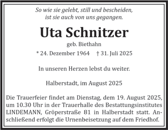 Traueranzeige von Uta Schnitzer von Volksstimme Halberstadt
