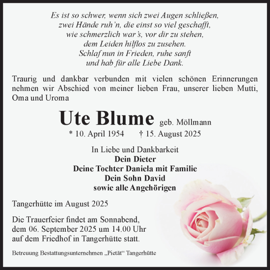 Traueranzeige von Ute Blume von Volksstimme Altmark Ost
