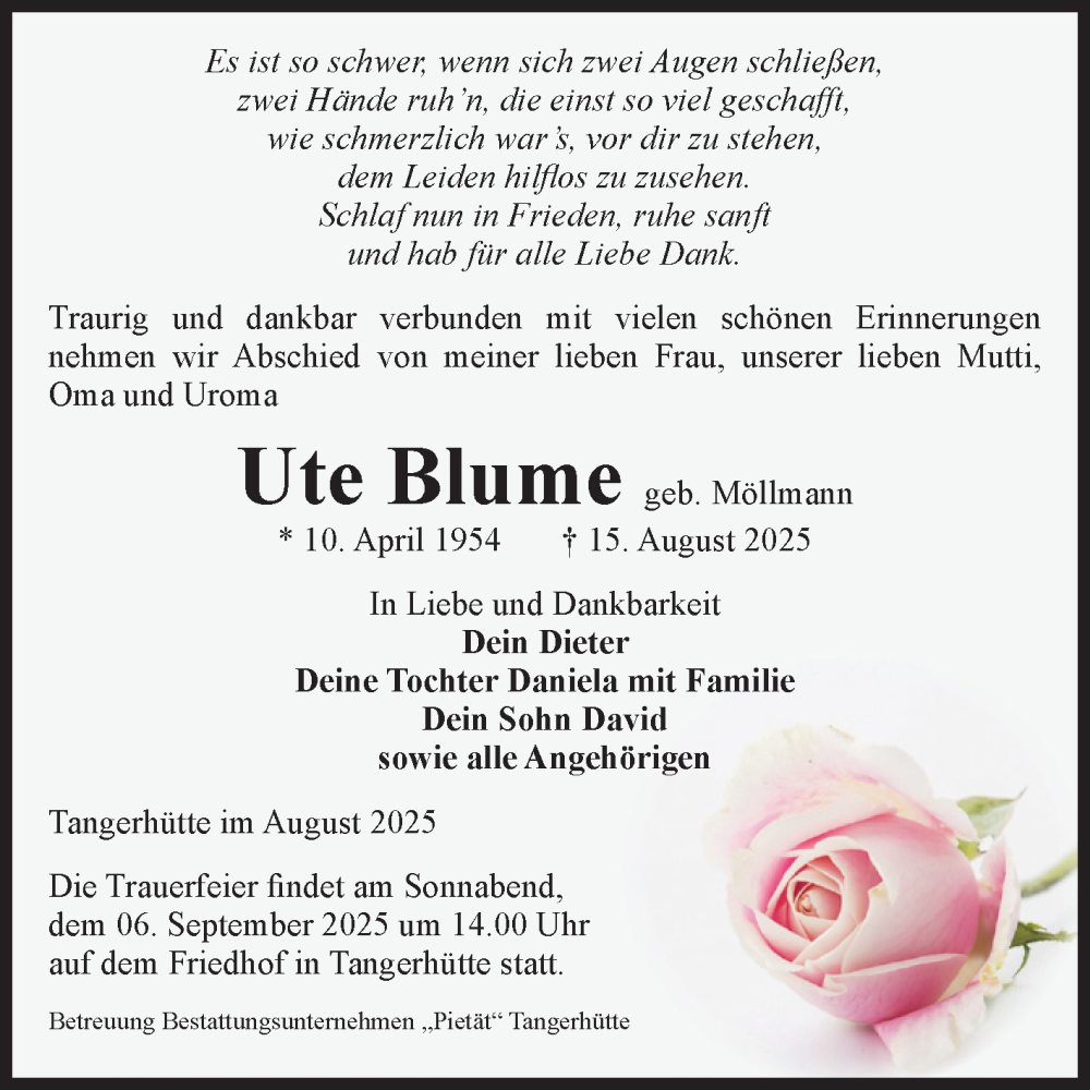  Traueranzeige für Ute Blume vom 23.08.2025 aus Volksstimme Altmark Ost