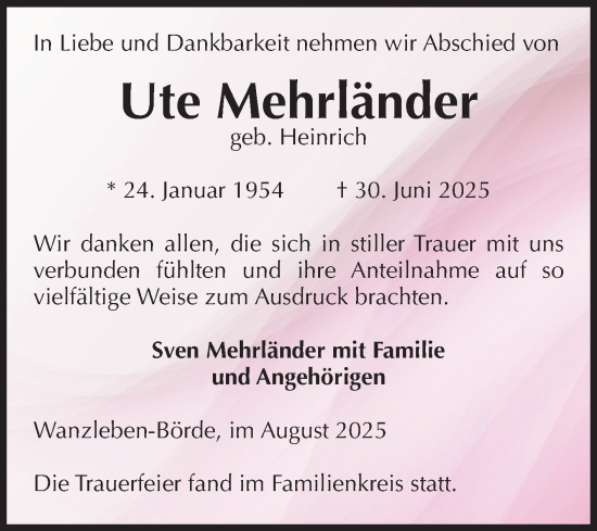 Traueranzeige von Ute Mehrländer von Volksstimme Oschersleben/Wanzleben