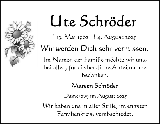 Traueranzeige von Ute Schröder von Volksstimme Altmark Ost