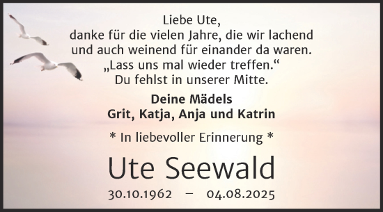 Traueranzeige von Ute Seewald von Trauerkombi Zeitz