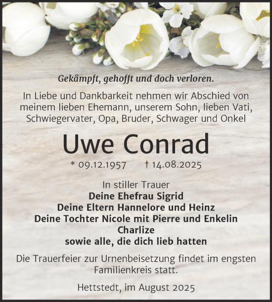 Traueranzeige von Uwe Conrad von Trauerkombi Mansfelder Land