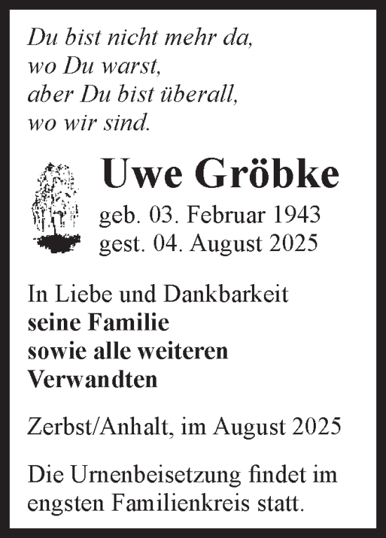 Traueranzeige von Uwe Gröbke von Volksstimme Zerbst