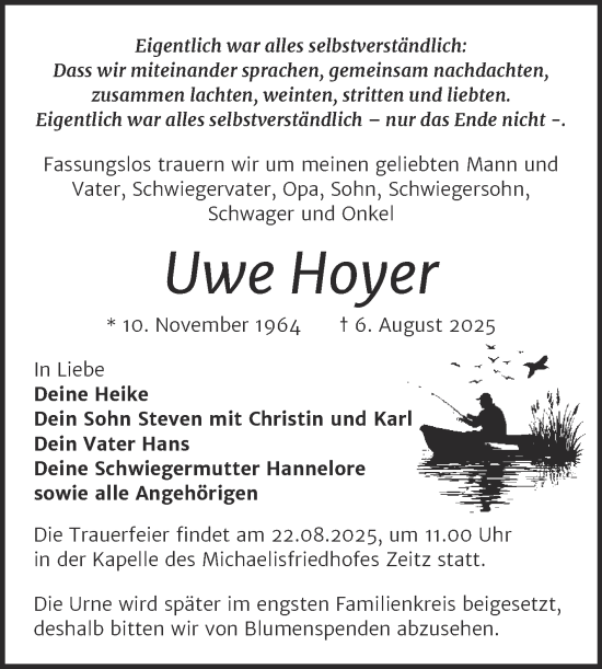Traueranzeige von Uwe Hoyer von Trauerkombi Zeitz