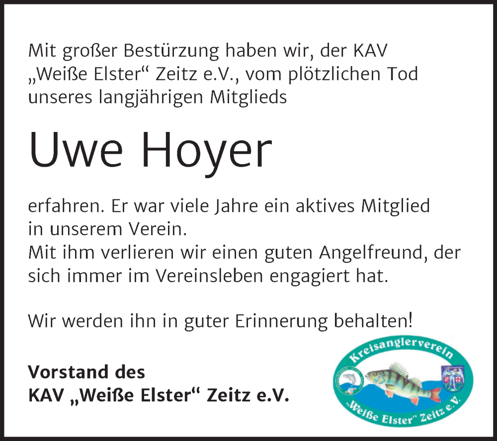  Traueranzeige für Uwe Hoyer vom 23.08.2025 aus Trauerkombi Zeitz