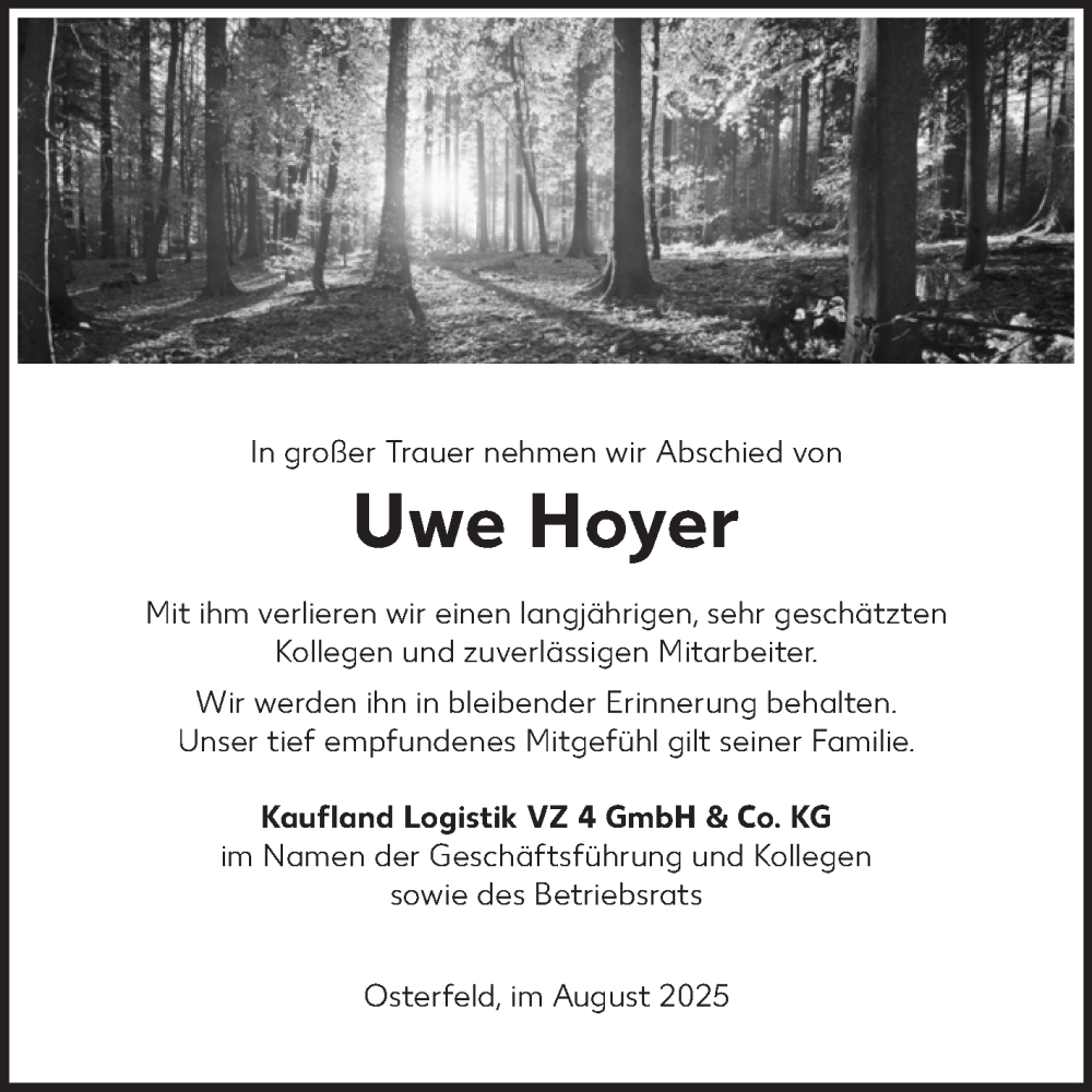  Traueranzeige für Uwe Hoyer vom 30.08.2025 aus Mitteldeutsche Zeitung Regionalausgabe Süd