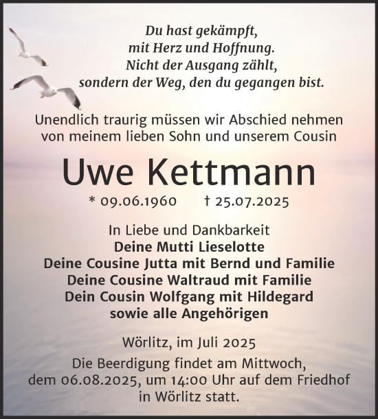 Traueranzeige von Uwe Kettmann von Trauerkombi Wittenberg