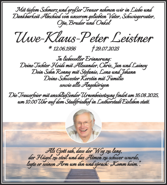 Traueranzeige von Uwe-Klaus-Peter Leistner von Trauerkombi Mansfelder Land