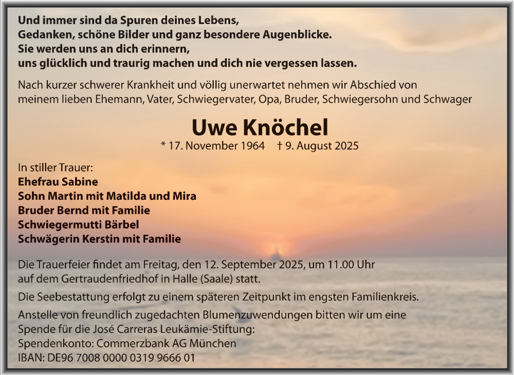  Traueranzeige für Uwe Knöchel vom 30.08.2025 aus Mitteldeutsche Zeitung Halle/Saalkreis