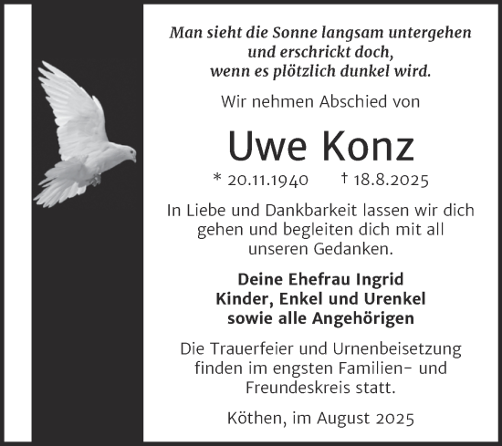 Traueranzeige von Uwe Konz von Trauerkombi Köthen