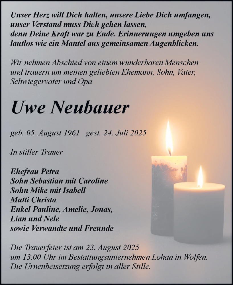  Traueranzeige für Uwe Neubauer vom 09.08.2025 aus Trauerkombi Bitterfeld