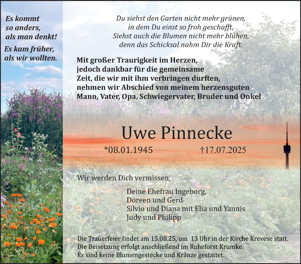  Traueranzeige für Uwe Pinnecke vom 02.08.2025 aus Volksstimme Altmark Ost