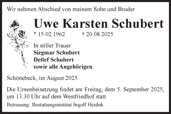 Traueranzeige von Uwe Karsten Schubert von Volksstimme Schönebeck